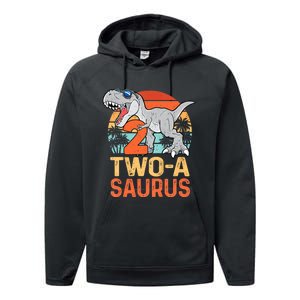 Kids Two A Saurus Rex 2nd Birthday Dinosaur 2 Year Old Performance Fleece Hoodie