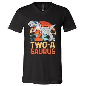 Kids Two A Saurus Rex 2nd Birthday Dinosaur 2 Year Old V-Neck T-Shirt