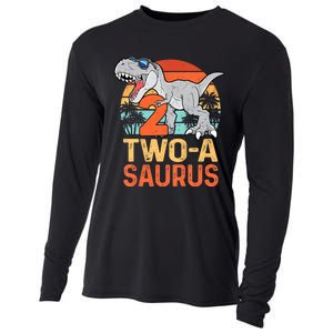 Kids Two A Saurus Rex 2nd Birthday Dinosaur 2 Year Old Cooling Performance Long Sleeve Crew