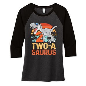 Kids Two A Saurus Rex 2nd Birthday Dinosaur 2 Year Old Women's Tri-Blend 3/4-Sleeve Raglan Shirt