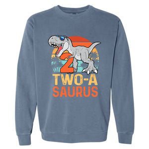 Kids Two A Saurus Rex 2nd Birthday Dinosaur 2 Year Old Garment-Dyed Sweatshirt