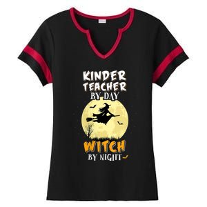 Kinder Teacher By Day Witch By Night Gift Kindergarten Gift Ladies Halftime Notch Neck Tee