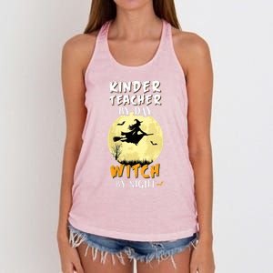 Kinder Teacher By Day Witch By Night Gift Kindergarten Gift Women's Knotted Racerback Tank