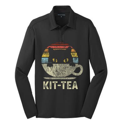 Kit Tea Black Kitty Cat Tea Lover Gift Silk Touch Performance Long Sleeve Polo