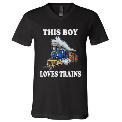 Kids This Boy Loves Trains Wagon Lover Gifts V-Neck T-Shirt