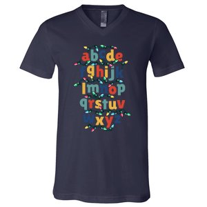 Kindergarten Teacher Christmas Lights Abc Christmas Alphabet V-Neck T-Shirt