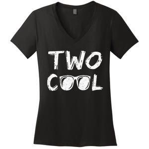 Kids Two Cool 2nd Birthday Gift 2 Year Old Second Bday Women's V-Neck T-Shirt