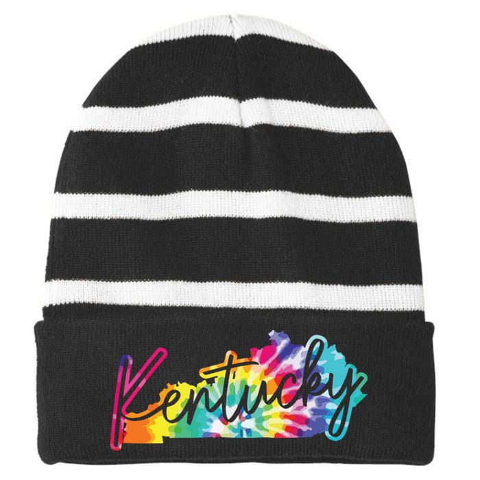 Kentucky Tie Dye State Map Pride Hippie Vintage Retro Striped Beanie with Solid Band