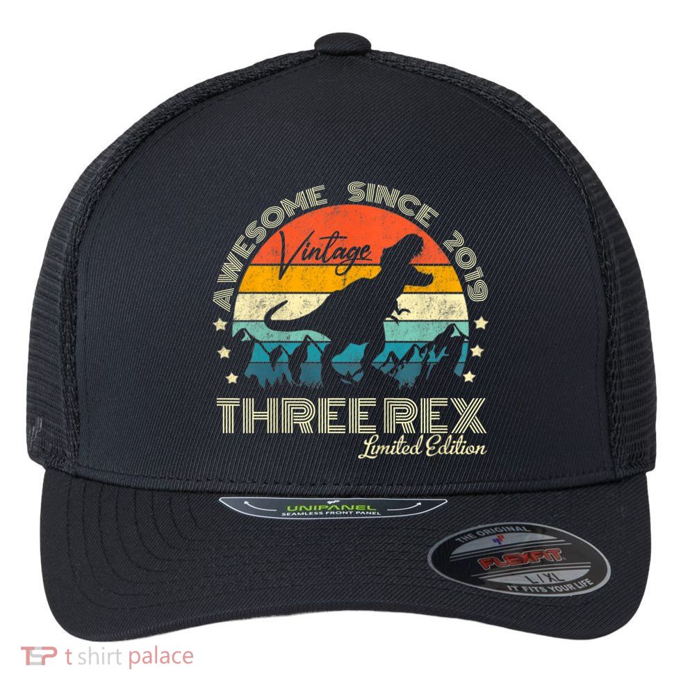 Kids Third Dinosaur 3 Year Old 2019 Three Rex 3rd Birthday Flexfit Unipanel Trucker Cap