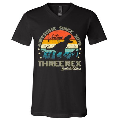 Kids Third Dinosaur 3 Year Old 2019 Three Rex 3rd Birthday V-Neck T-Shirt