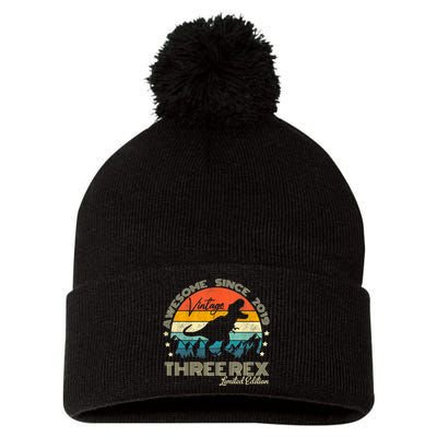 Kids Third Dinosaur 3 Year Old 2019 Three Rex 3rd Birthday Pom Pom 12in Knit Beanie