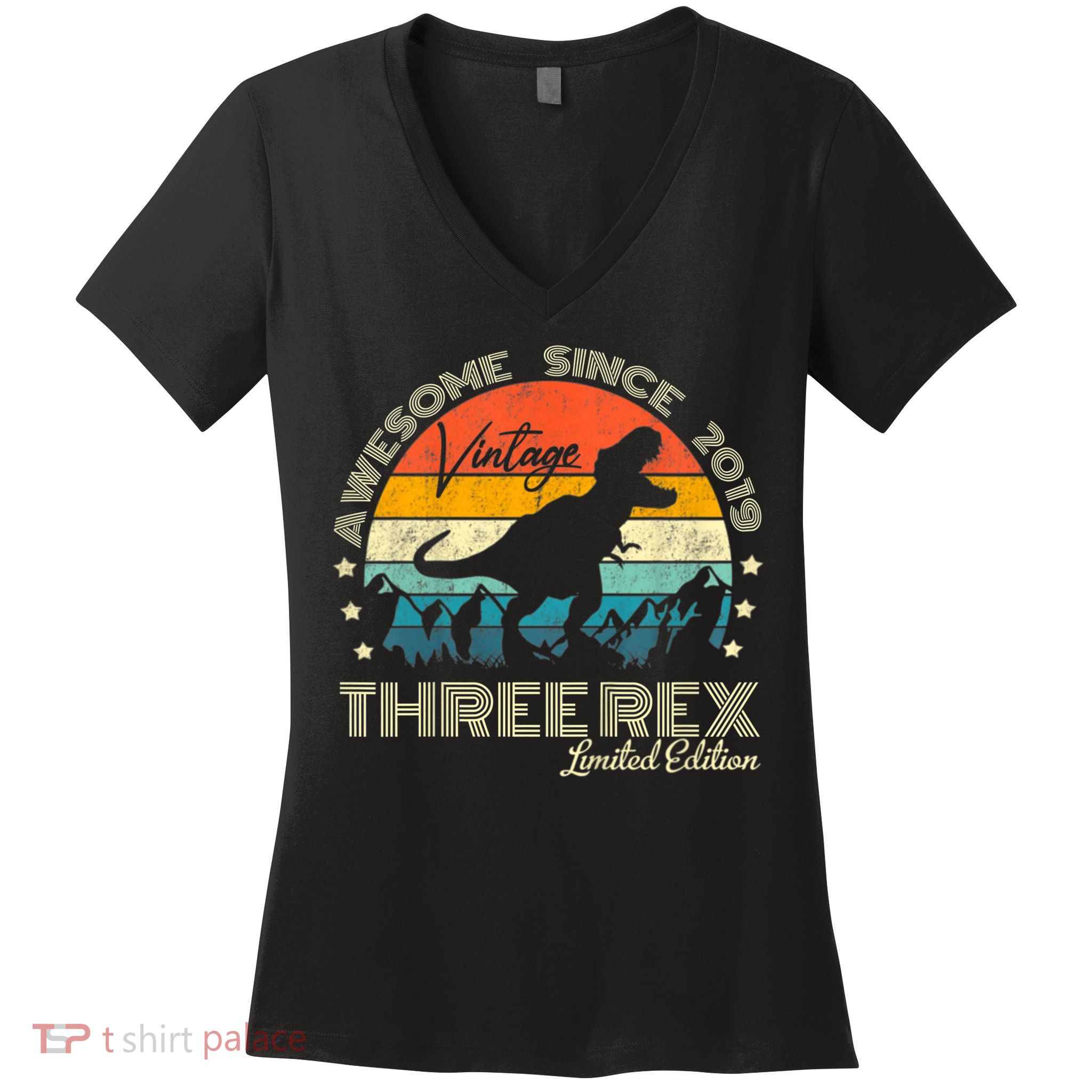 Kids Third Dinosaur 3 Year Old 2019 Three Rex 3rd Birthday Women's V-Neck T-Shirt