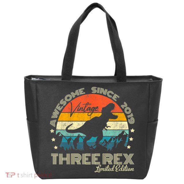 Kids Third Dinosaur 3 Year Old 2019 Three Rex 3rd Birthday Zip Tote Bag