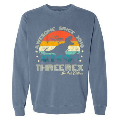 Kids Third Dinosaur 3 Year Old 2019 Three Rex 3rd Birthday Garment-Dyed Sweatshirt