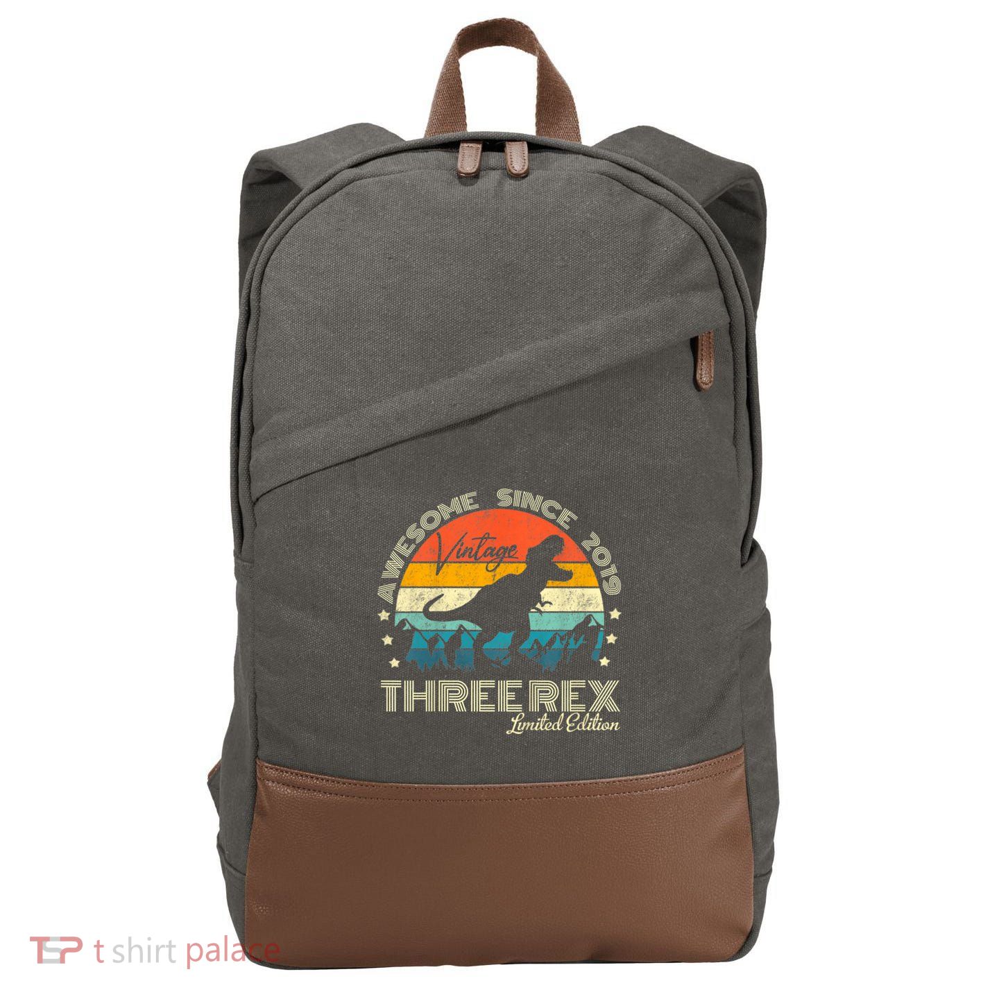 Kids Third Dinosaur 3 Year Old 2019 Three Rex 3rd Birthday Cotton Canvas Backpack