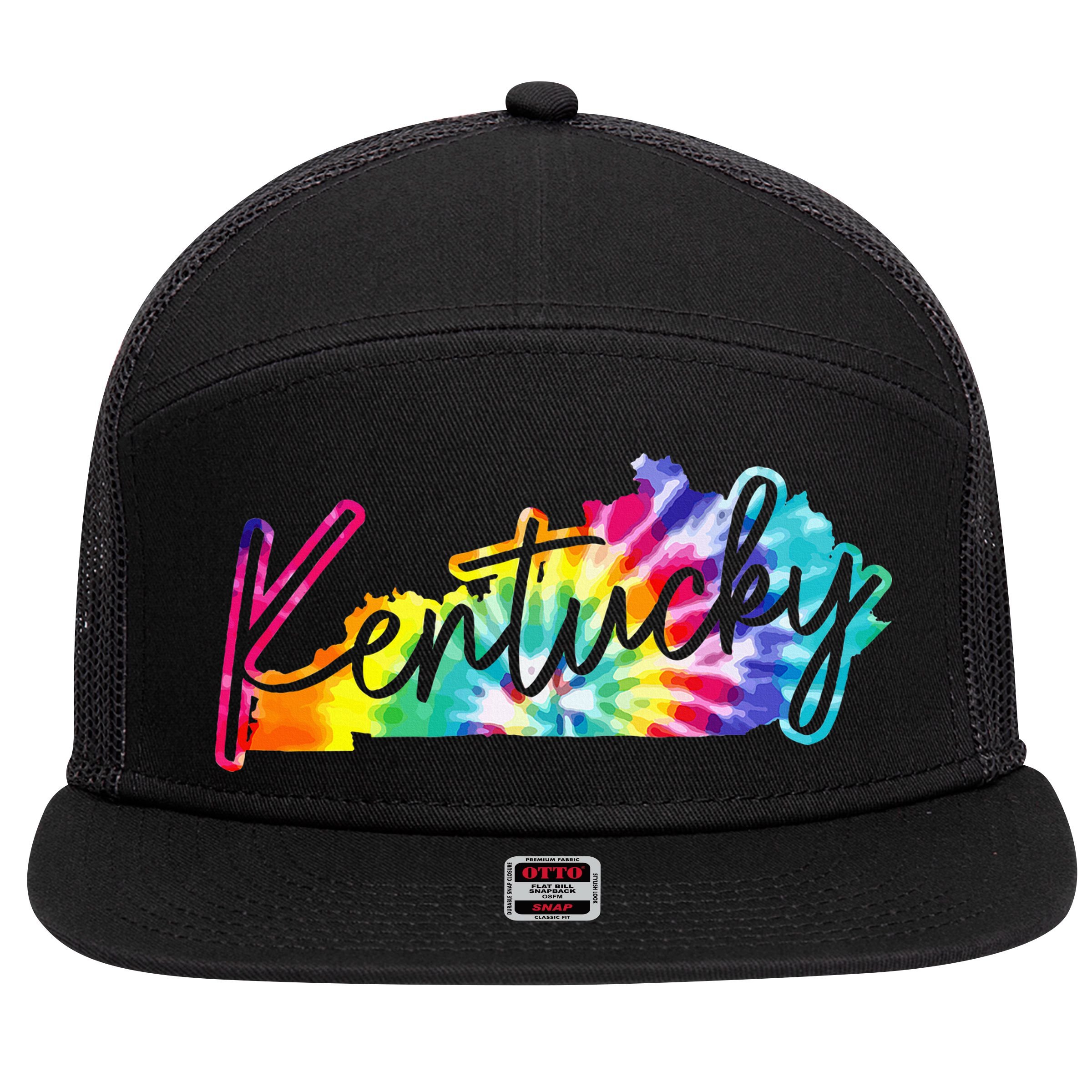 Kentucky Tie Dye State Map Pride Hippie Vintage Retro 7 Panel Mesh Trucker Snapback Hat