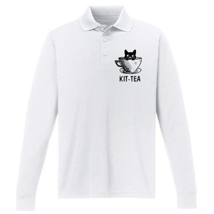 Kit Tea Funny Cat Lover Performance Long Sleeve Polo