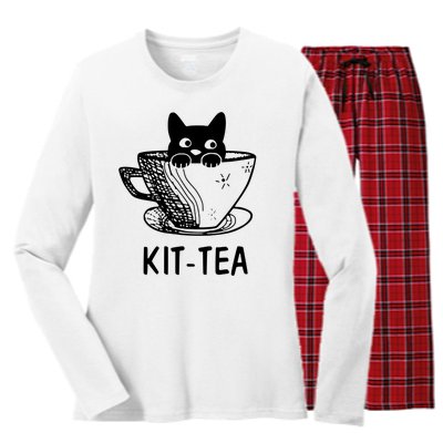 Kit Tea Funny Cat Lover Women's Long Sleeve Flannel Pajama Set 