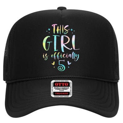 K.i.d.s This Girl Is Officially 5 Five Year Old 5th Birthday Girl High Crown Mesh Back Trucker Hat