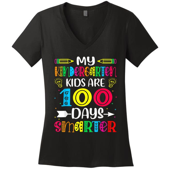 Kindergarten Teacher Gift 100 Days Smarter 100th Day Of School Women's V-Neck T-Shirt