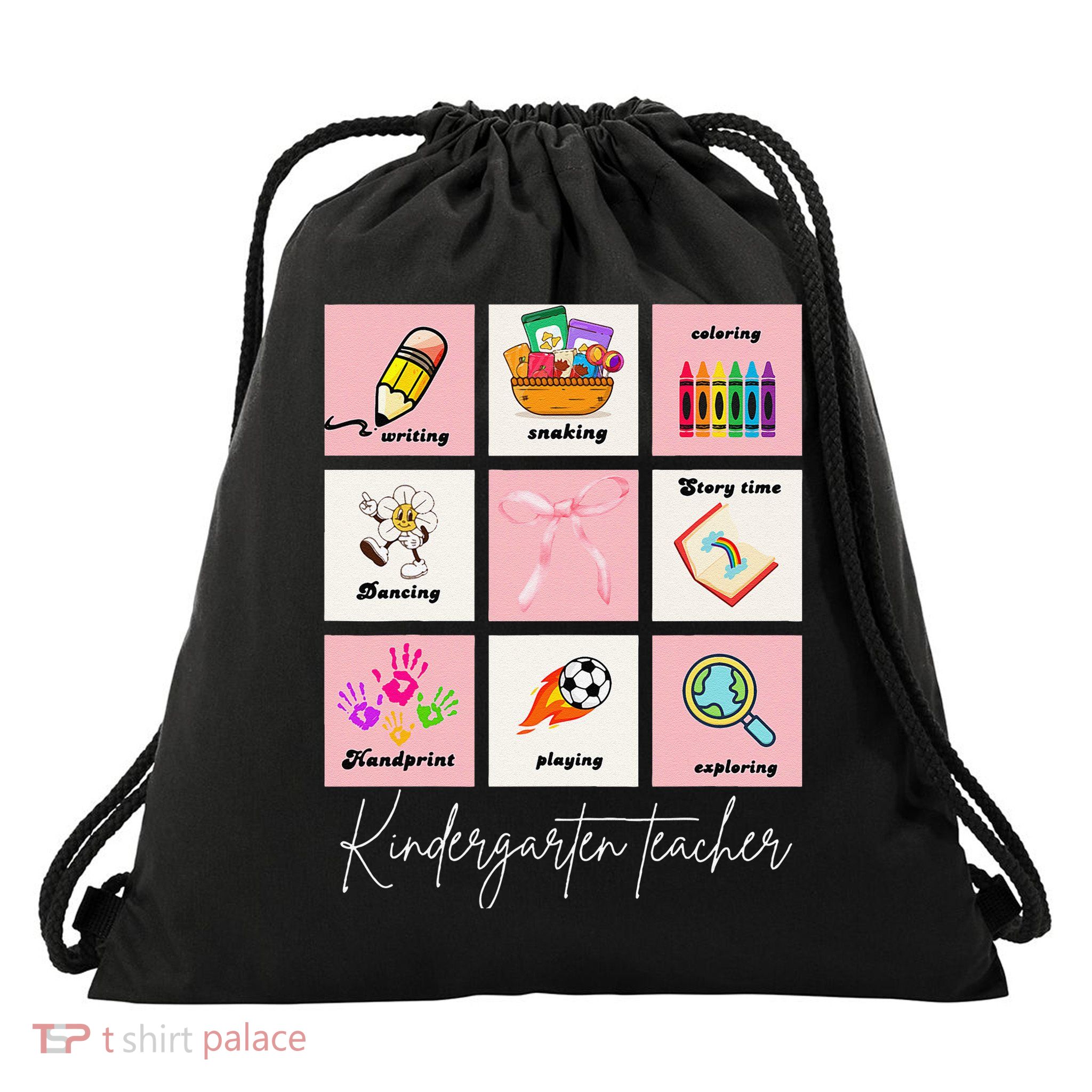 Kindergarten Teacher Grid Watercolor Coquette Bow Drawstring Bag