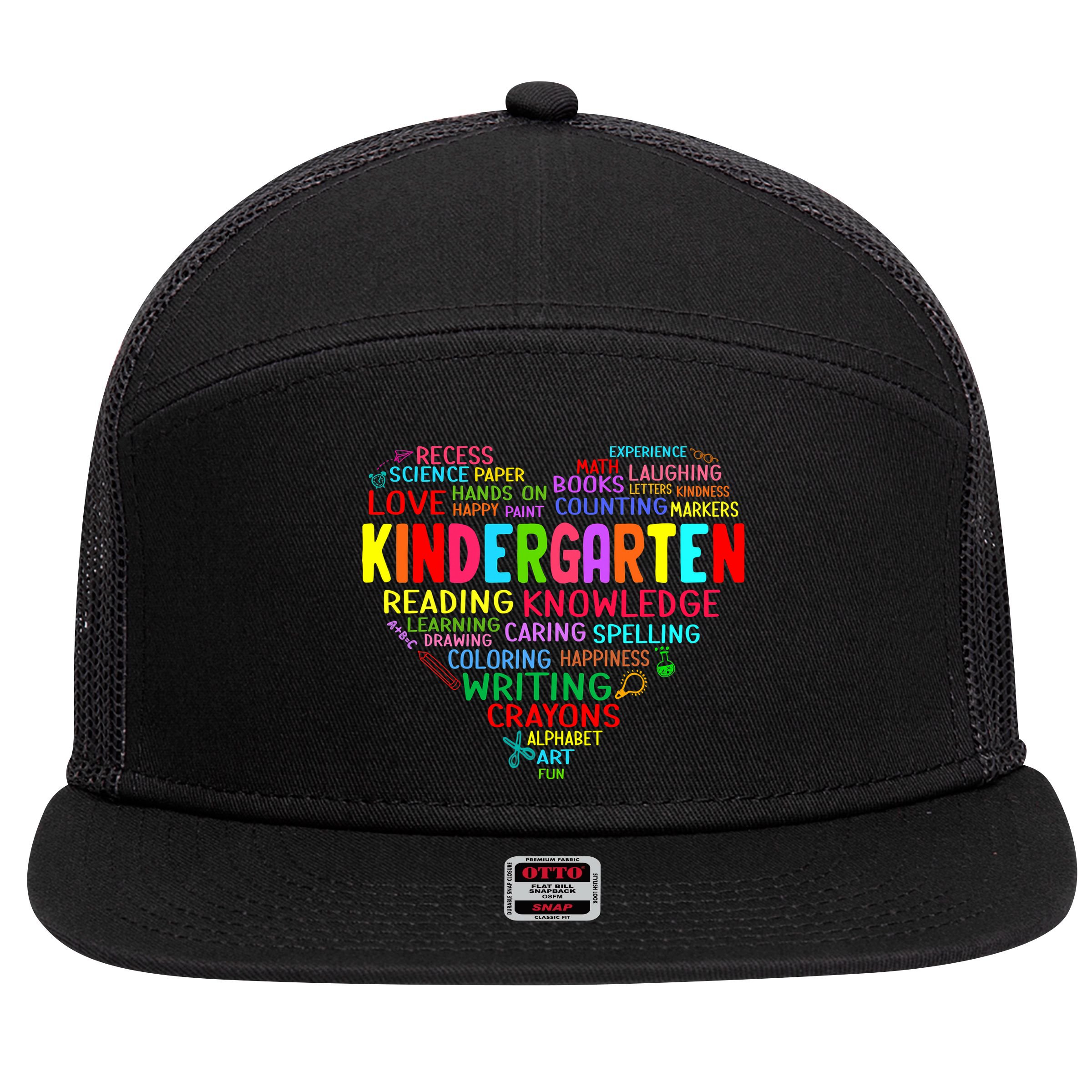 Kindergarten Team Heart Back To School Funny Teacher 7 Panel Mesh Trucker Snapback Hat