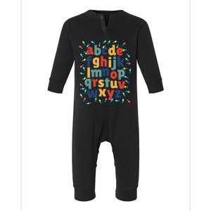 Kindergarten Teacher Holiday Lights Abcs Christmas Alphabet Infant Fleece One Piece