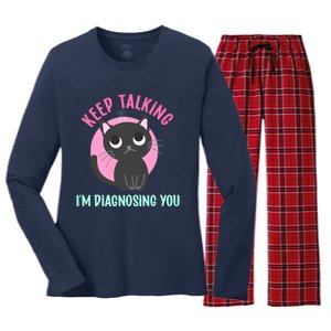 Keep Talking IM Diagnosing You Funny Psychology Cat Women's Long Sleeve Flannel Pajama Set 