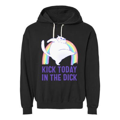 Kick Today In The Dick White Cat Pastel Rainbow Garment-Dyed Fleece Hoodie