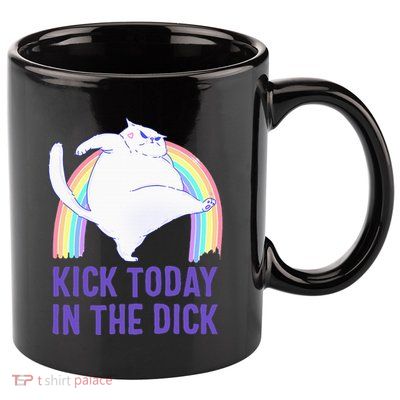 Kick Today In The Dick White Cat Pastel Rainbow 11oz C Handle Ceramic Mug