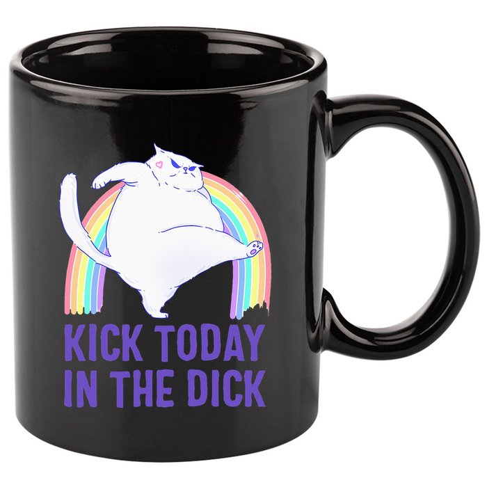 Kick Today In The Dick White Cat Pastel Rainbow 11oz C Handle Ceramic Mug