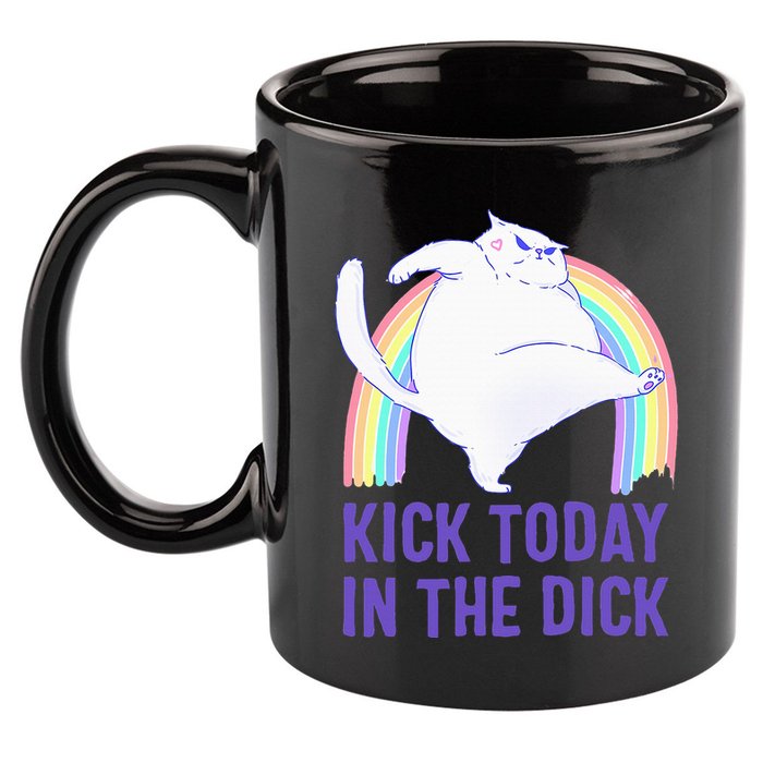 Kick Today In The Dick White Cat Pastel Rainbow 11oz C Handle Ceramic Mug