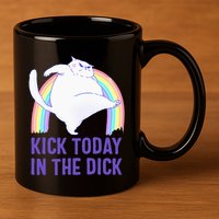 Kick Today In The Dick White Cat Pastel Rainbow 11oz C Handle Ceramic Mug