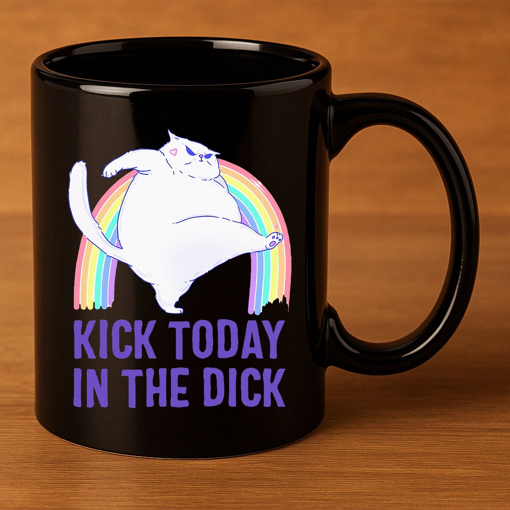 Kick Today In The Dick White Cat Pastel Rainbow 11oz C Handle Ceramic Mug