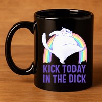 Kick Today In The Dick White Cat Pastel Rainbow 11oz C Handle Ceramic Mug