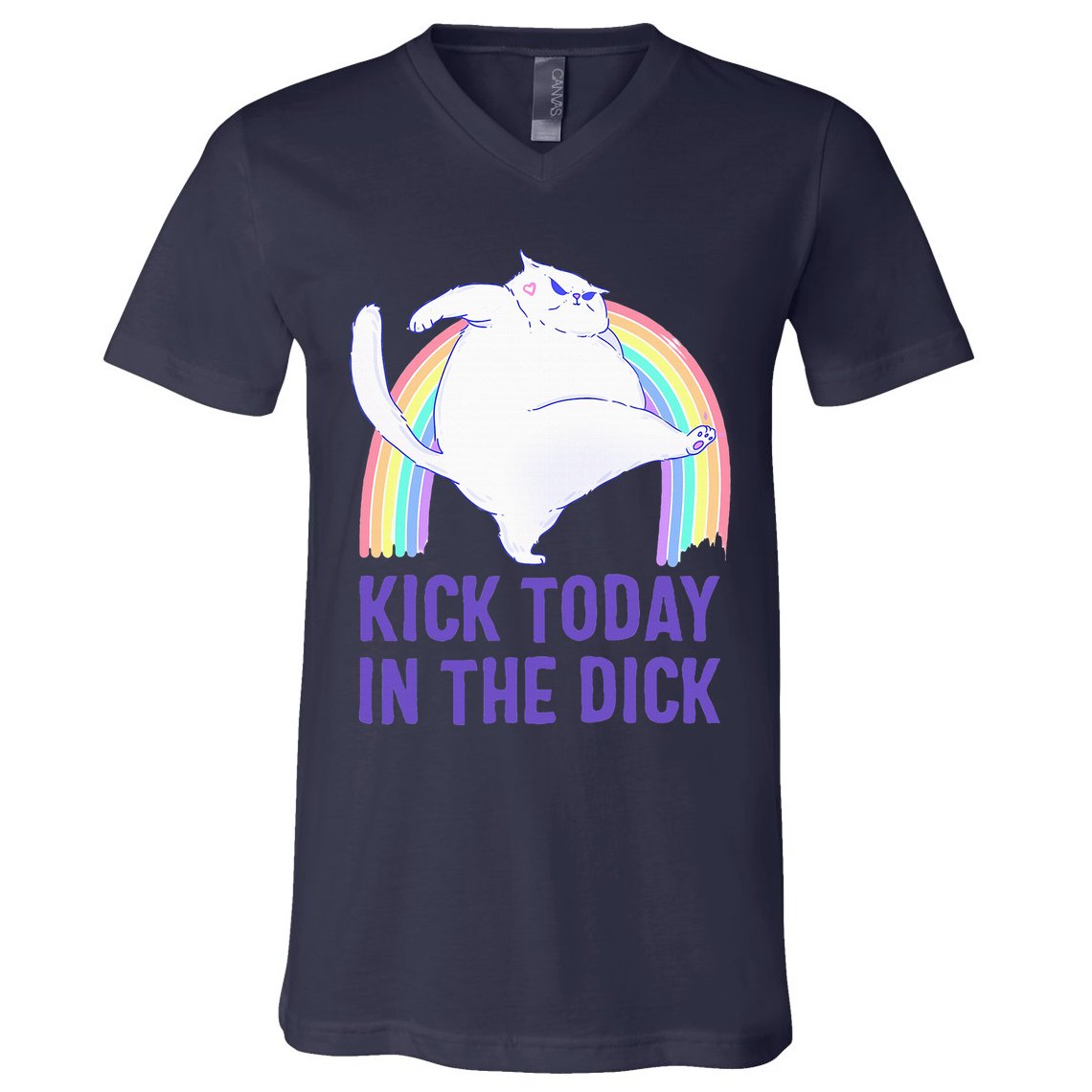 Kick Today In The Dick White Cat Pastel Rainbow V-Neck T-Shirt