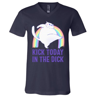 Kick Today In The Dick White Cat Pastel Rainbow V-Neck T-Shirt