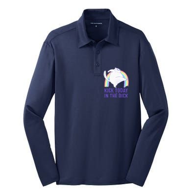 Kick Today In The Dick White Cat Pastel Rainbow Silk Touch Performance Long Sleeve Polo