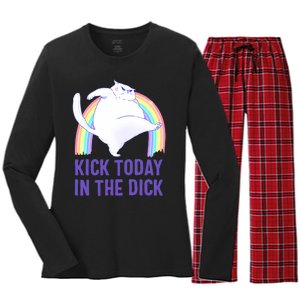 Kick Today In The Dick White Cat Pastel Rainbow Women's Long Sleeve Flannel Pajama Set 