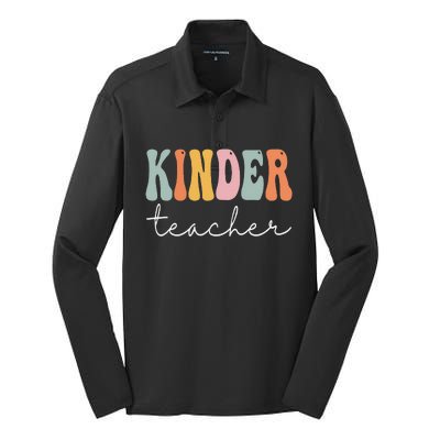 Kinder Teacher Retro Groovy Funny Happy First Day Of School Silk Touch Performance Long Sleeve Polo