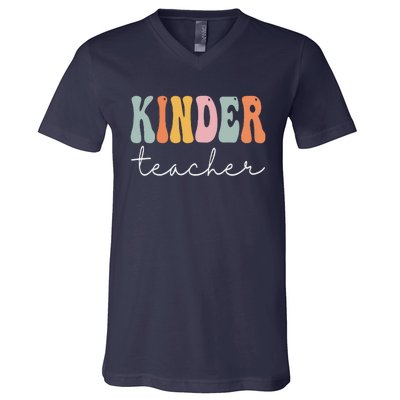 Kinder Teacher Retro Groovy Funny Happy First Day Of School V-Neck T-Shirt