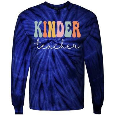 Kinder Teacher Retro Groovy Funny Happy First Day Of School Tie-Dye Long Sleeve Shirt