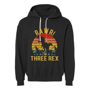 Kids Three Rex 3rd Birthday Dinosaur 3 Year Old Rawr Boy Girl Garment-Dyed Fleece Hoodie