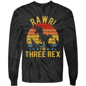 Kids Three Rex 3rd Birthday Dinosaur 3 Year Old Rawr Boy Girl Tie-Dye Long Sleeve Shirt