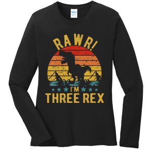 Kids Three Rex 3rd Birthday Dinosaur 3 Year Old Rawr Boy Girl Ladies Long Sleeve Shirt