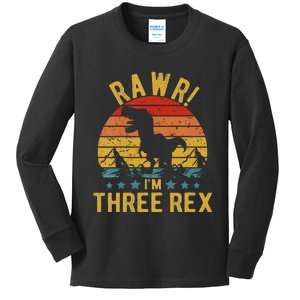 Kids Three Rex 3rd Birthday Dinosaur 3 Year Old Rawr Boy Girl Kids Long Sleeve Shirt