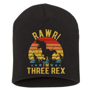 Kids Three Rex 3rd Birthday Dinosaur 3 Year Old Rawr Boy Girl Short Acrylic Beanie