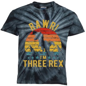 Kids Three Rex 3rd Birthday Dinosaur 3 Year Old Rawr Boy Girl Kids Tie-Dye T-Shirt