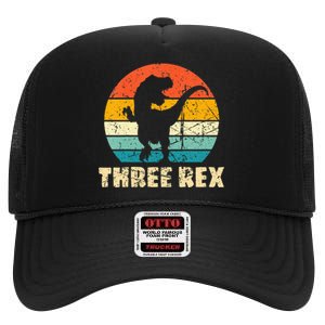 Kids Three Rex 3rd Birthday Third Dinosaur 3 Year Old High Crown Mesh Back Trucker Hat