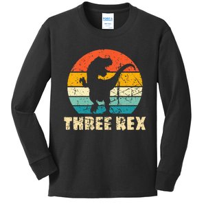 Kids Three Rex 3rd Birthday Third Dinosaur 3 Year Old Kids Long Sleeve Shirt